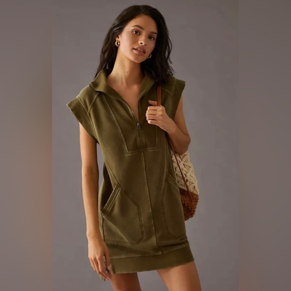 Daily Practice by Anthropologie V-neck, Zip-Front Shift Mini Dress in Green